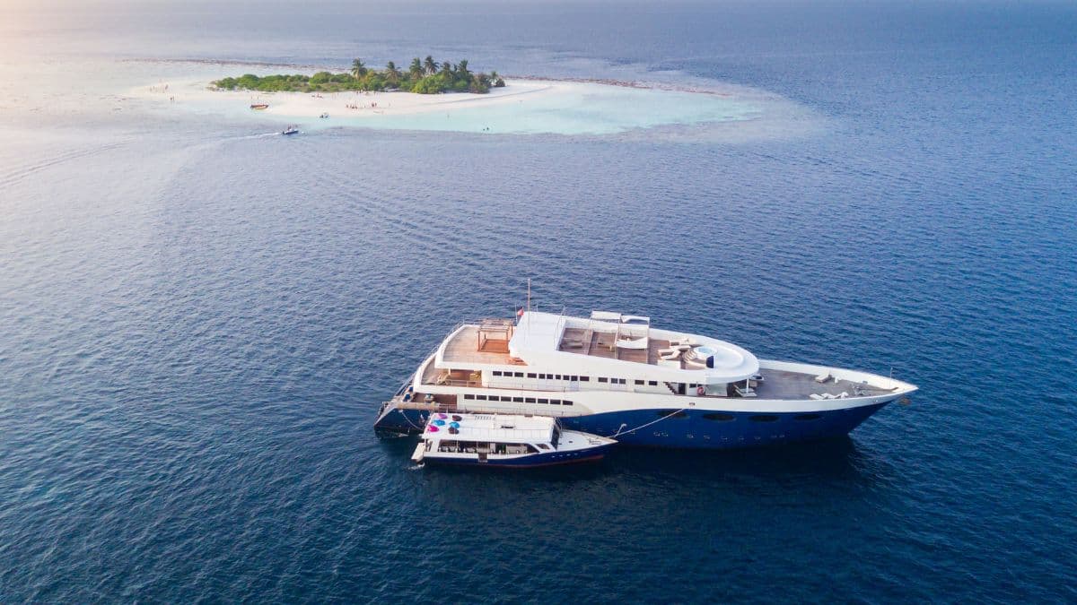 Aerial view of a large white and navy liveaboard with a smaller boat alongside, anchored in deep blue water near a small palm island