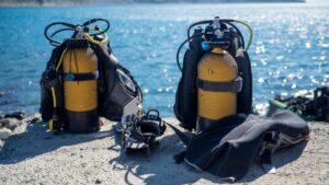 scuba diving equipment on shore